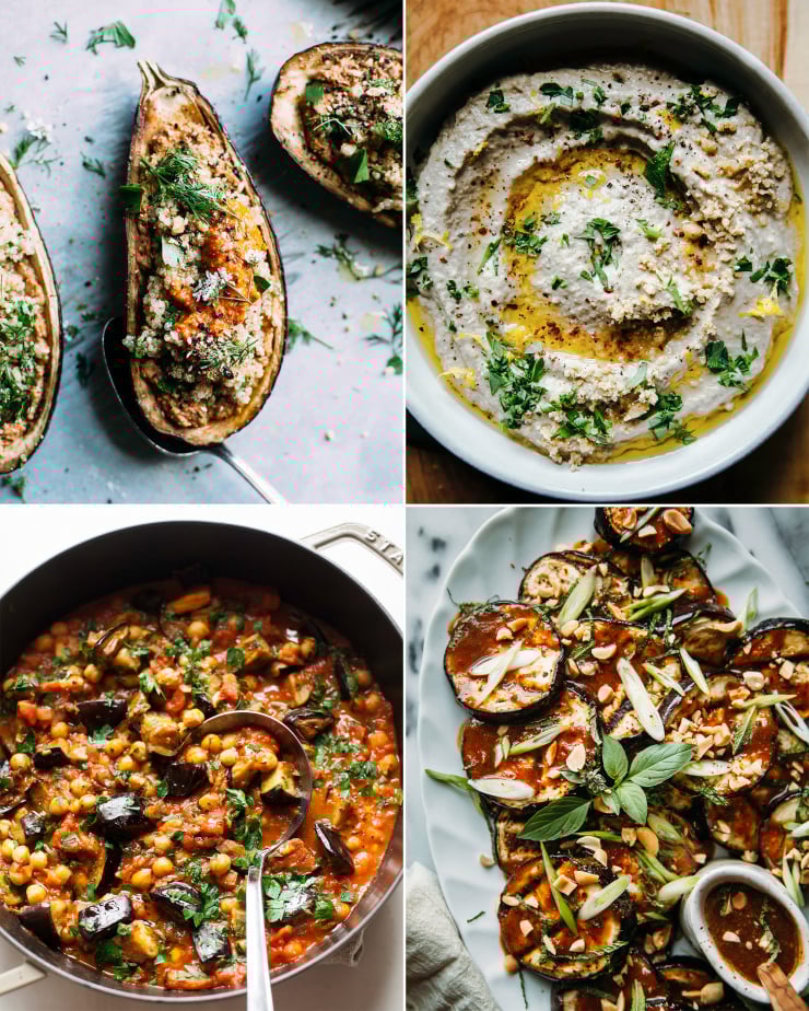 4 images in a grid show the following: a stuffed eggplant half with a light red sauce, a bowl of creamy beige dip, a chunky eggplant and tomato stew, and slices of grilled eggplant with a brown sauce drizzled over the top.