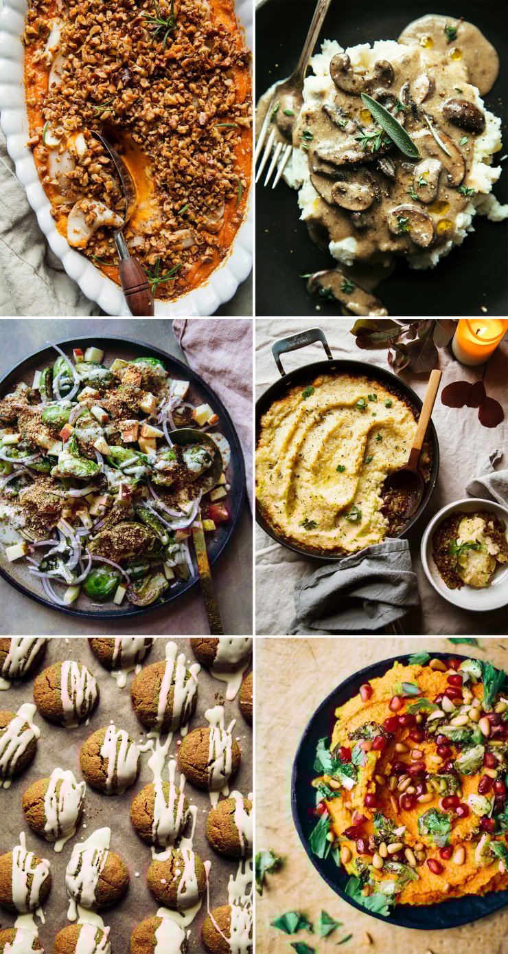 6 images in a grid show overhead shots of: a sweet potato casserole topped with nuts, creamy mushroom gravy on top of mashed potatoes, a brussels sprouts salad with creamy dressing and apples, a shepherd's pie cooke din a skillet, ginger cookies drizzled with melted white chocolate, and a bright orange carrot dip topped with herbs and pomegranate seeds.