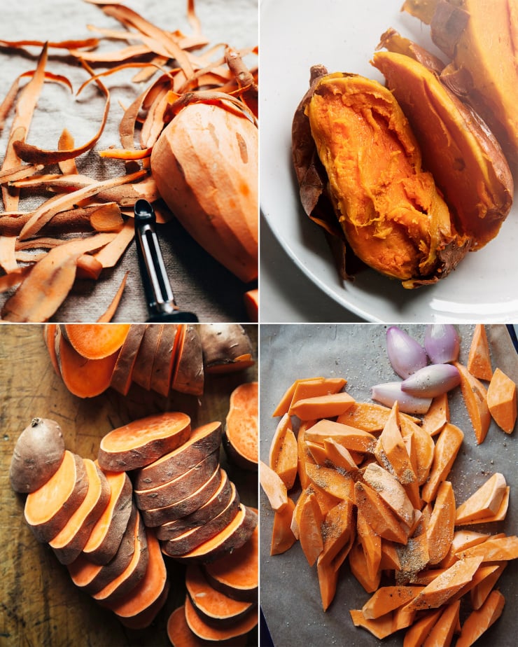 4 images show: a sweet potato being peeled, a baked and halved sweet potato, sliced rounds of sweet potato, and peeled diced chunks of sweet potato dusted with spices.