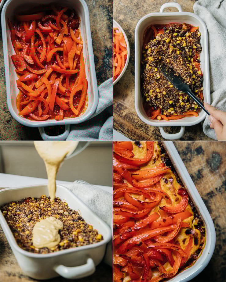 4 images show the layering of a vegan stuffed pepper casserole.