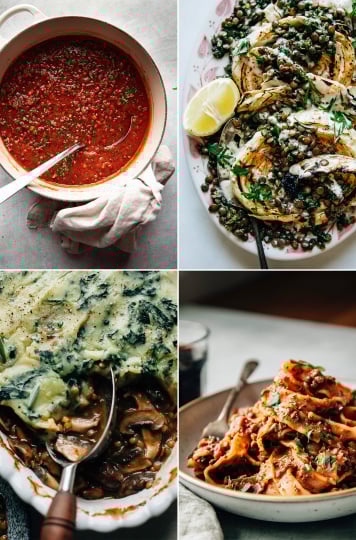 A grid of 4 images shows some lentil recipe highlights: classic lentil soup, grilled cabbage steaks with lentils on top, a mushroom and lentil gravy pie, and a beet bolognese pasta with lentils.