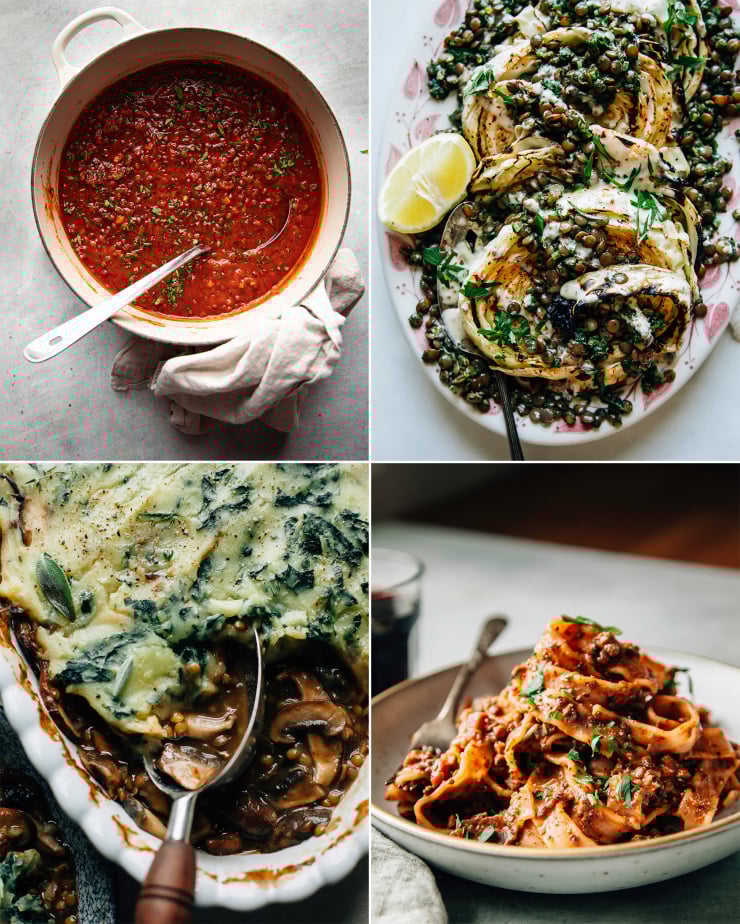 A grid of 4 images shows some lentil recipe highlights: classic lentil soup, grilled cabbage steaks with lentils on top, a mushroom and lentil gravy pie, and a beet bolognese pasta with lentils. Part of a vegan lentil recipes roundup.