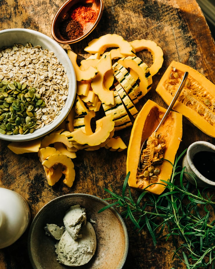 An overhead shot of ingredients for a squash side dish.
