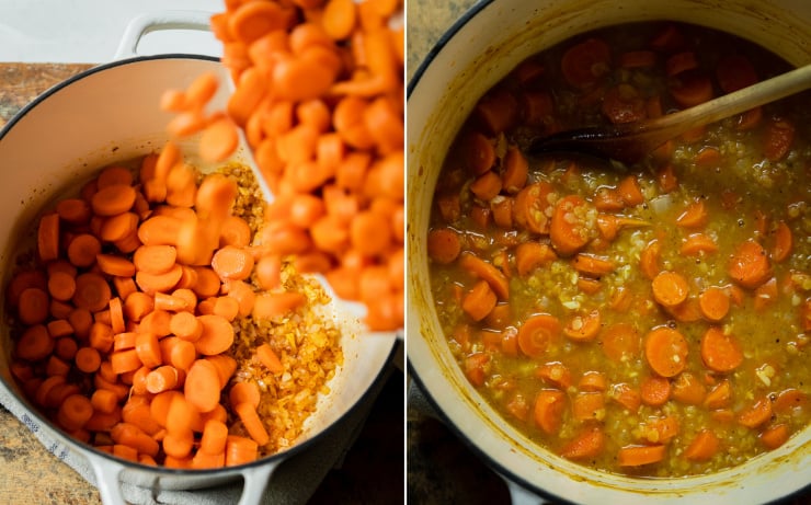 Two images show chopped carrots being poured into a pot and a fully cooked pot of carrots, lentils, and broth.