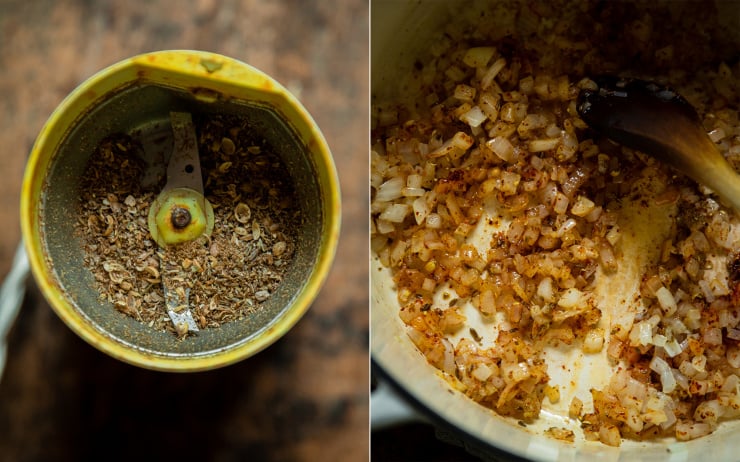 Two images show spices in a grinder and some sautéed onions with spices.