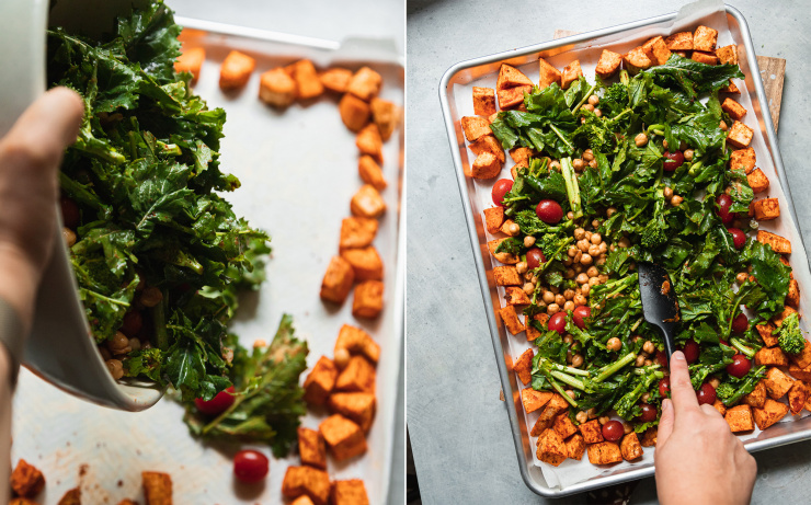 Two images show vegetables being emptied out onto a sheet pan and a hand spreading out vegetables on a sheet pan with a spatula.