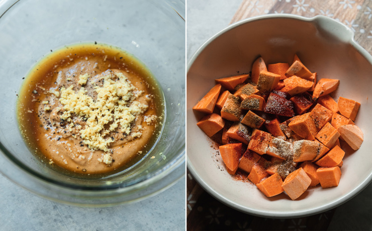 Two images show peanut sauce ingredients in a bowl and chopped sweet potatoes dusted with spices.