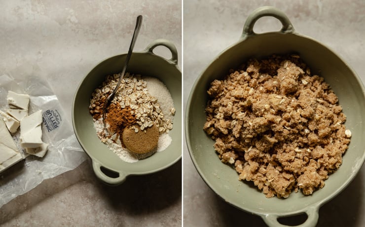 Two images show crumble topping as a mixture before being combined and after in a light green bowl.