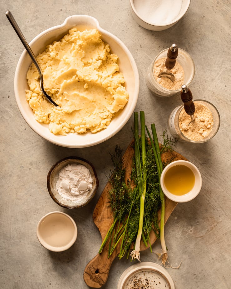 An overhead shot of ingredients for leftover mashed potato waffles.