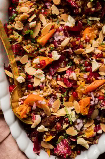 An overhead shot of a vegan holiday farro salad topped with fresh mint, roasted carrots, chopped radicchio, pomegranate arils, slices of persimmon, and toasted sliced almonds. The salad is in a white, scalloped edge oval dish with a brass serving ladle.