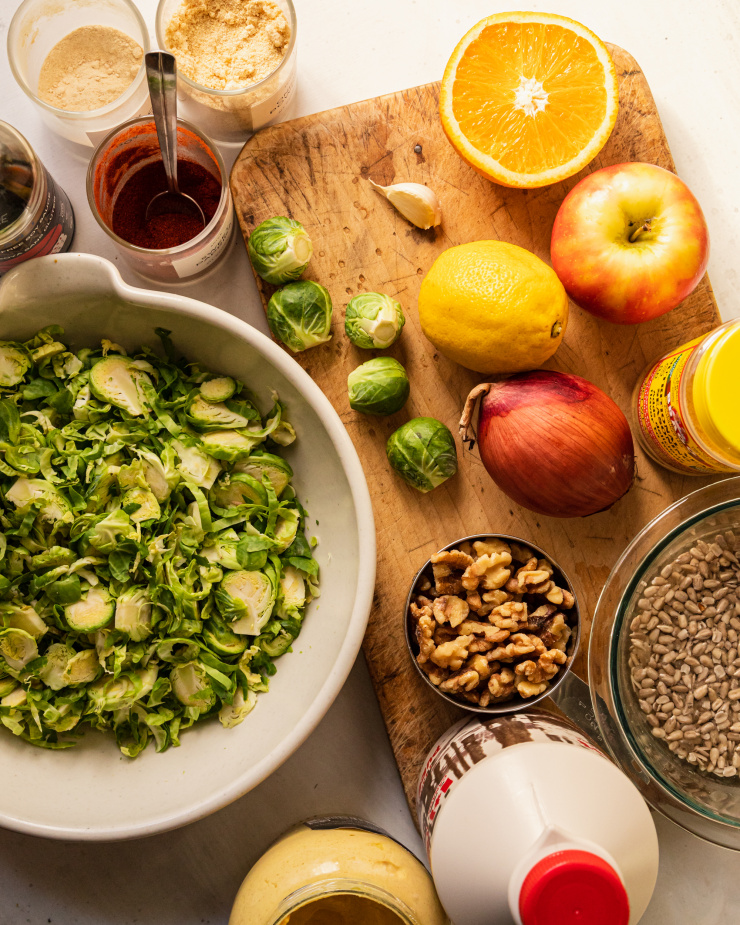 An overhead shot of ingredients used for a brussels sprout dish.