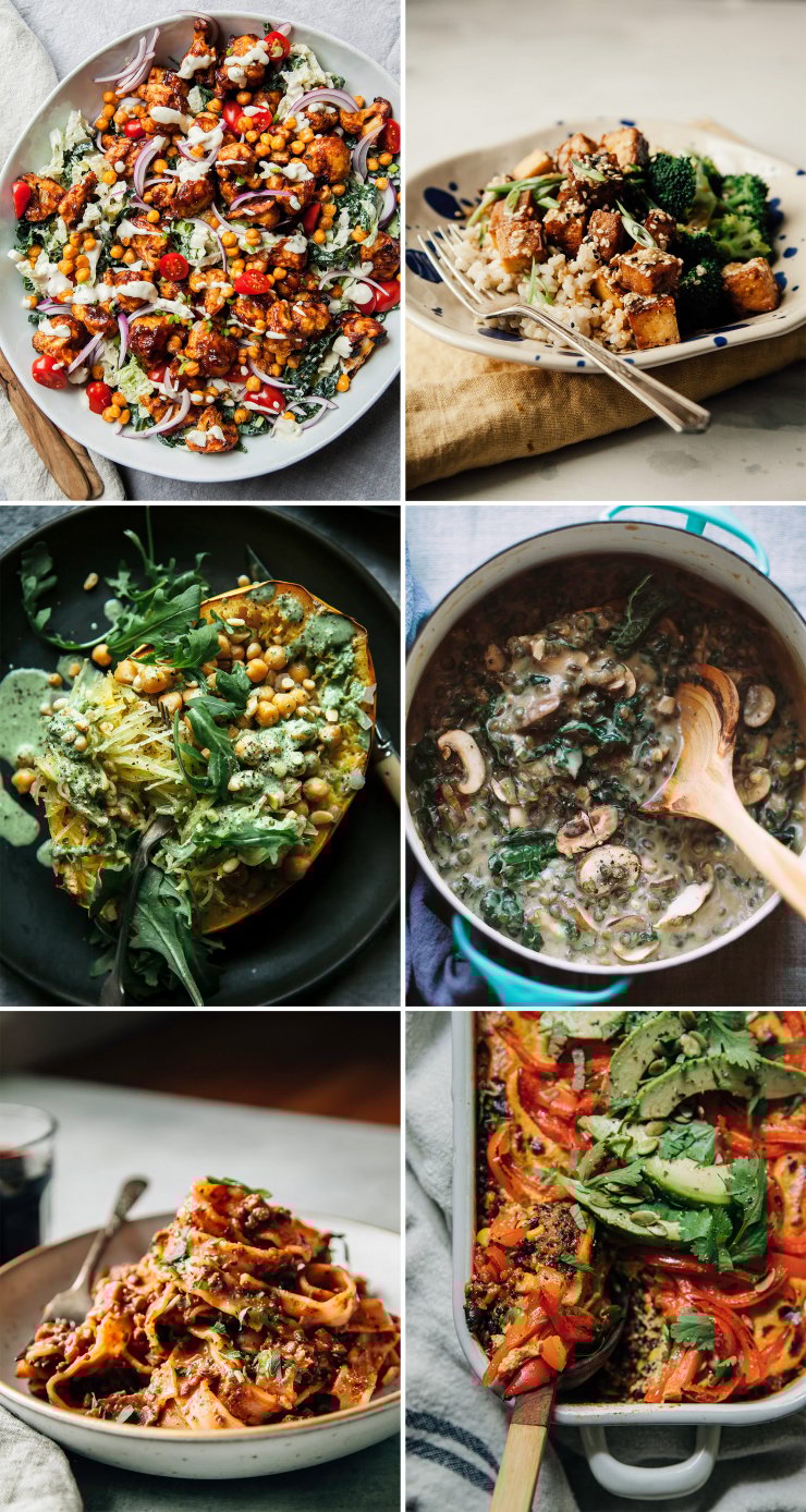 6 images in a grid show 6 different vegan dinner recipes: a loaded bbq cauliflower salad shot from overhead, a rice bowl with crispy cubes of tofu, a stuffed baked spaghetti squash half with chickpeas, greens and a creamy sauce, a creamy mushroom and lentil stew with kale, a 3/4 angle shot of a vegan bolognese pasta in a bowl, and an overhead shot of a stuffed pepper casserole being scooped out of a baking dish.