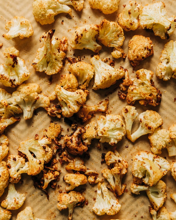 An up close, overhead shot of some browned, roasted cauliflower.