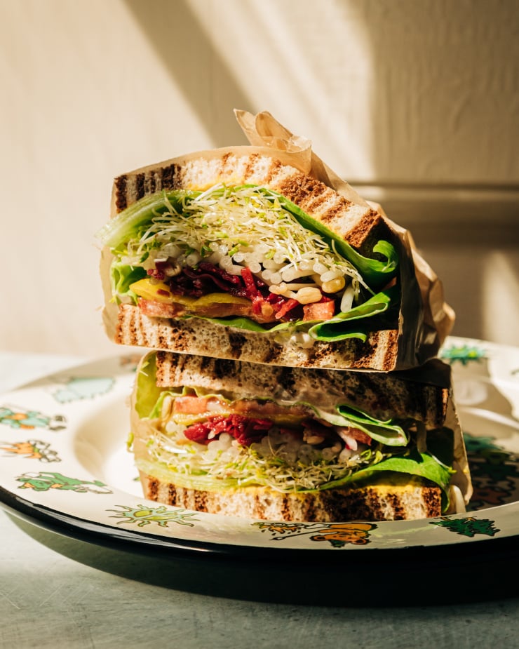 An head on shot of a split open veggie crunch sandwich on an enamelware plate in direct sunlight. In between marble rye there are layers of sprouts, butter lettuce, a creamy sauce, mustard, tomatoes, sauerkraut, onion, and pepperoncini peppers.