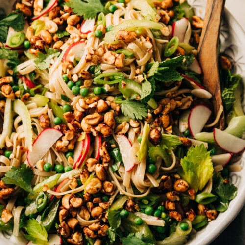 An up close overhead shot of a rice noodle salad in a large bowl with lots of small-diced fresh spring vegetables. The salad is topped with chili and maple syrup roasted peanuts that have been chopped.