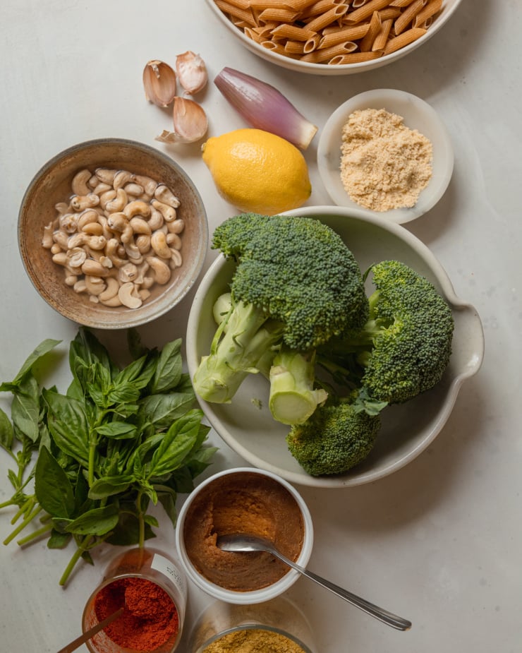 An overhead shot of ingredients used for a 30 minute broccoli basil pasta.