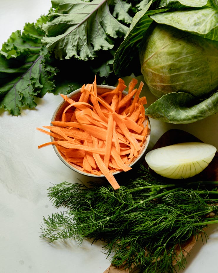 An overhead shot of vegetables used in a slaw recipe: a head of cabbage, kale leaves, half of a sweet onion, sprigs of dill, and shredded carrot.