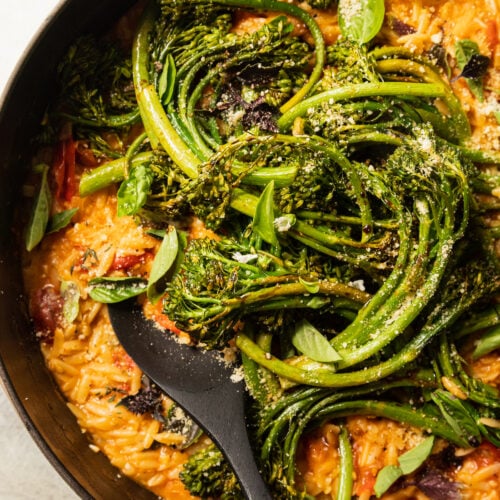 An up close overhead shot of a creamy vegan tomato orzo dish in a pot with roasted broccolini and fresh basil on top.