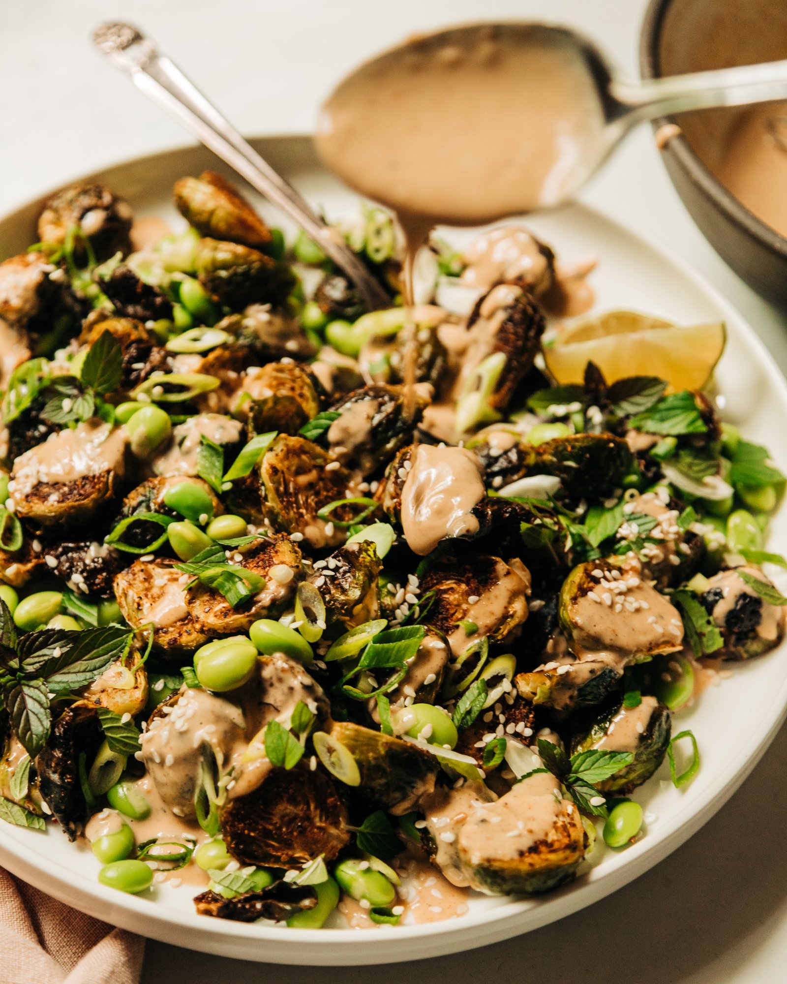 An up close, slight 3/4 angle shot of a plate of crispy roasted brussels sprouts and cooked edamame beans, drizzled with a creamy peanut sauce and finished with chopped green onions, mint, and sesame seeds.