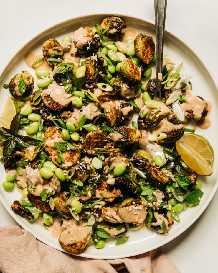 An up close, overhead shot of a plate of crispy roasted brussels sprouts and cooked edamame beans, drizzled with a creamy peanut sauce and finished with chopped green onions, mint, and sesame seeds.