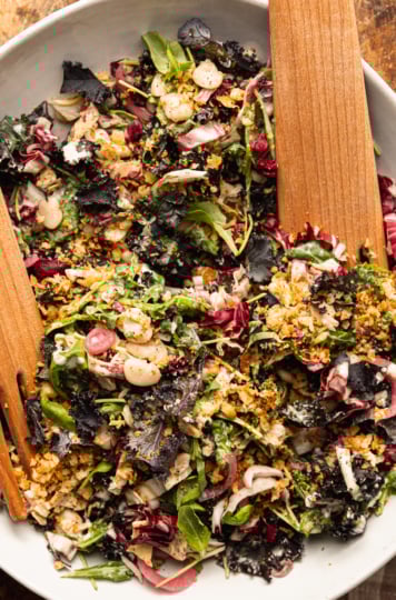 An overhead shot of a kale, arugula and butter bean salad with pickled red onions and crunchy garlicky bread crumbs on top. The salad is in a large, organically shaped bowl with wooden serving tons sticking out.