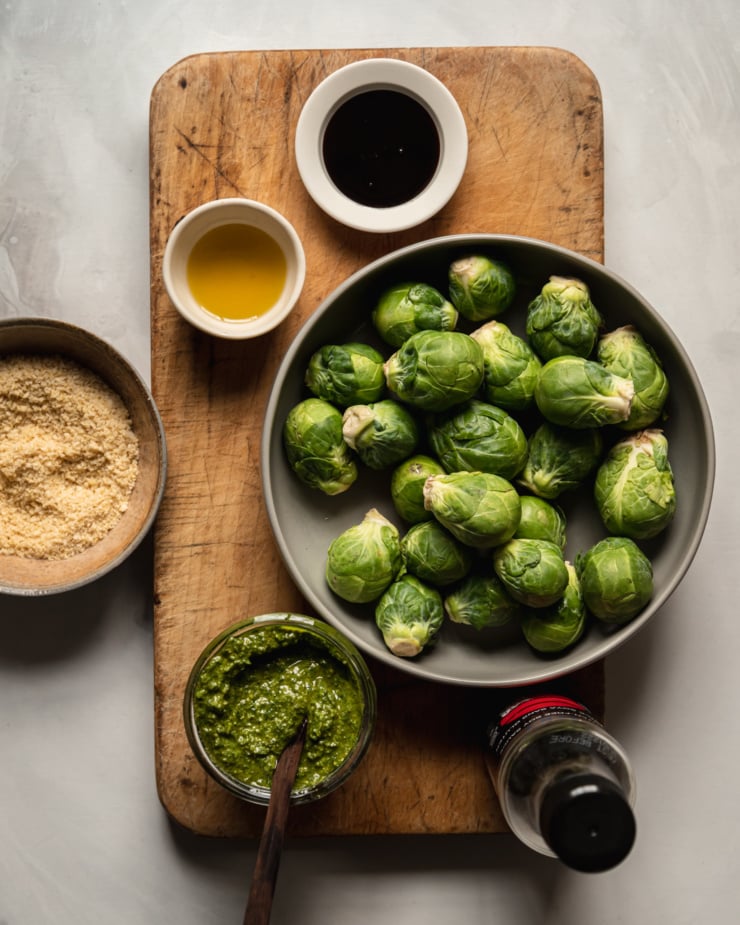 An overhead shot shows ingredient prep for a vegetable side dish.