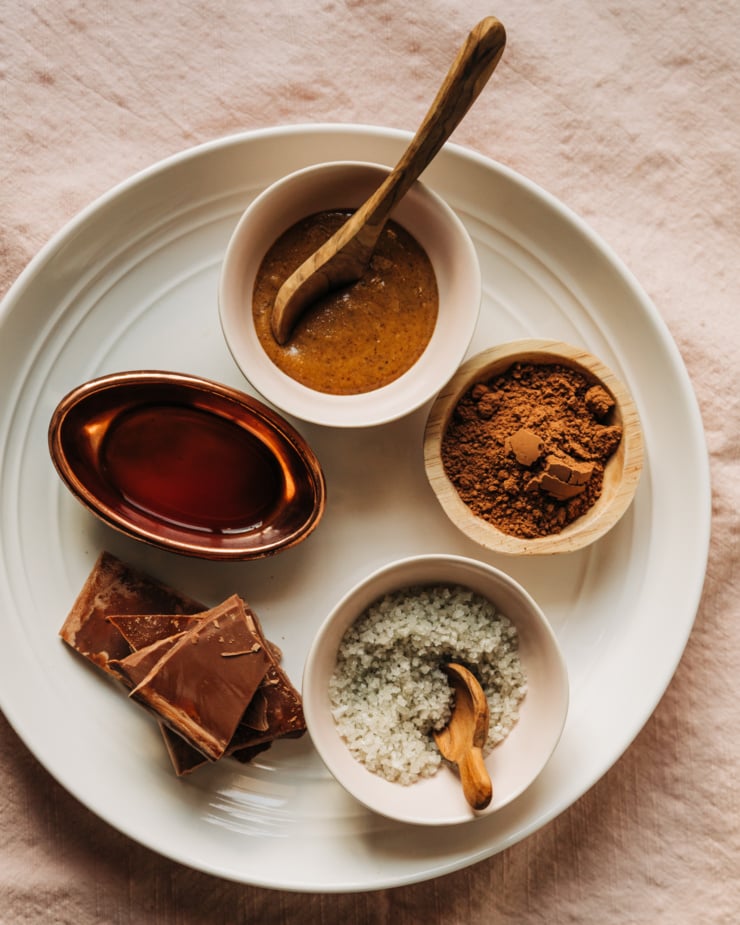 An overhead shot of ingredients used in vegan almond butter hot chocolate.