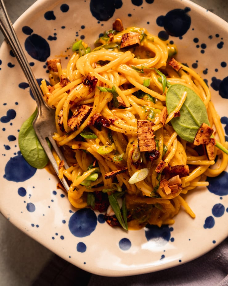 An up close, overhead shot shows a serving of butternut squash coconut milk noodles in a shallow bowl. A fork is sticking out to the side.