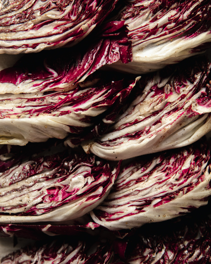 An up close, overhead shot of radicchio wedges.