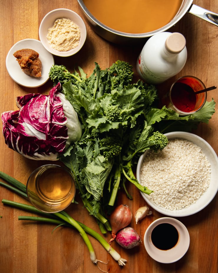 An overhead shot shows ingredients for a vegan risotto.