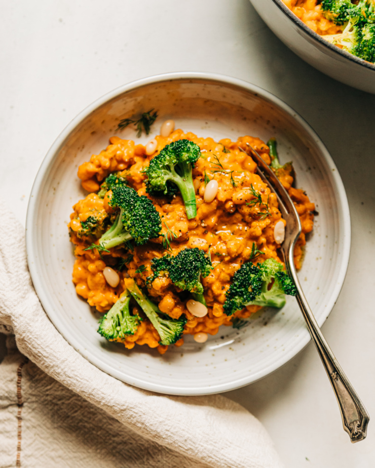 An overhead shot of an individual serving of a creamy broccoli, barley and white bean dish.