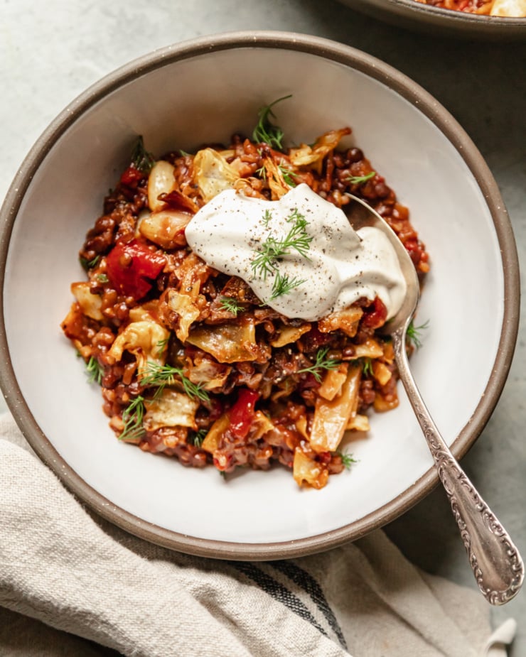 An up close, overhead shot of a serving of vegan cabbage roll skillet, featuring french lentils, rice and roasted cabbage, in a bowl with a dollop of vegan sour cream on top. The serving is garnished with fresh dill.