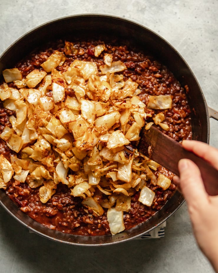 An overhead shot shows a bunch of chopped roasted cabbage on top of a stewed mixture of lentils, rice, onions, walnuts, tomatoes, spices, and vegetable stock