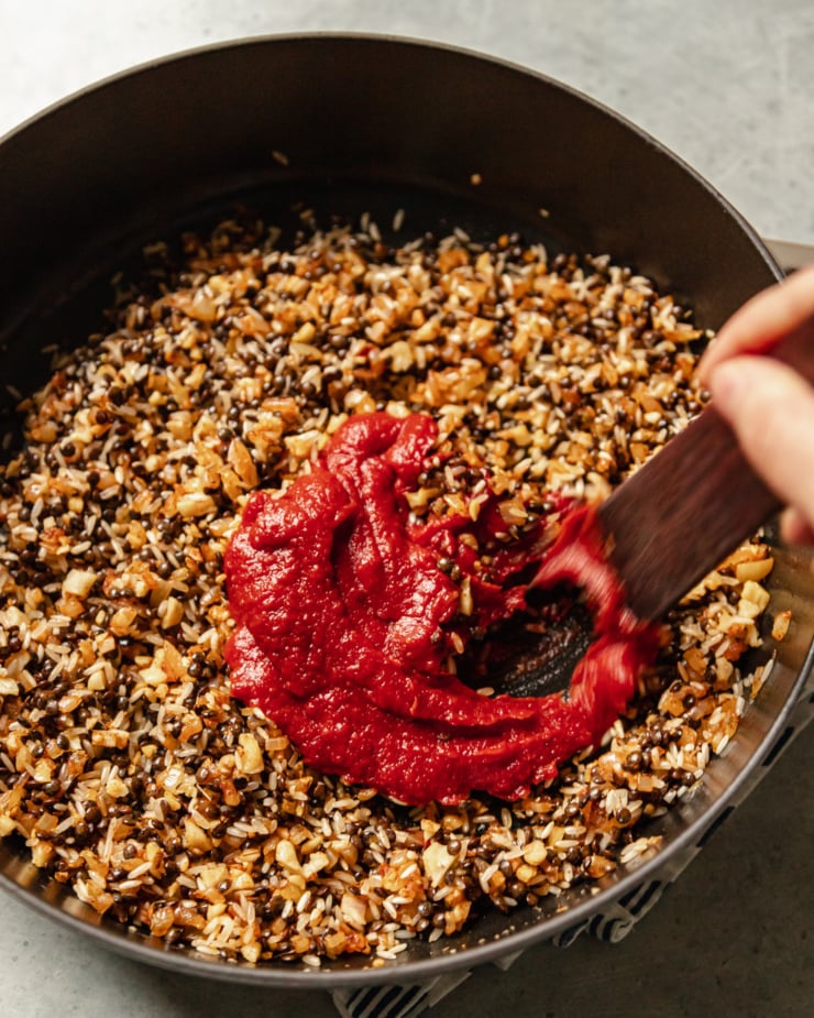 A slight 3/4 angle shows a hand using a wooden utensil to stir tomato paste into a pot of onions, rice, lentils, and walnuts.