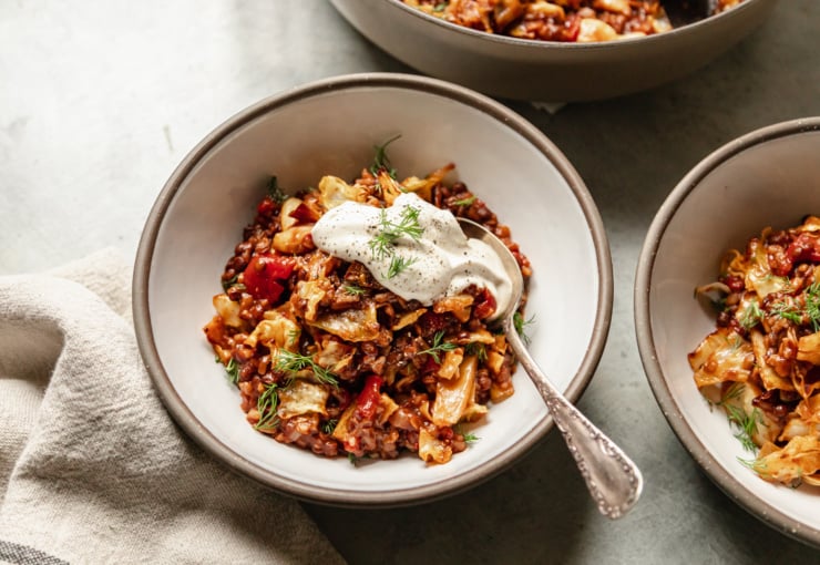A 3/4 angle shot of a serving of vegan cabbage roll skillet, featuring french lentils, rice and roasted cabbage, in a bowl with a dollop of vegan sour cream on top. The serving is garnished with fresh dill.