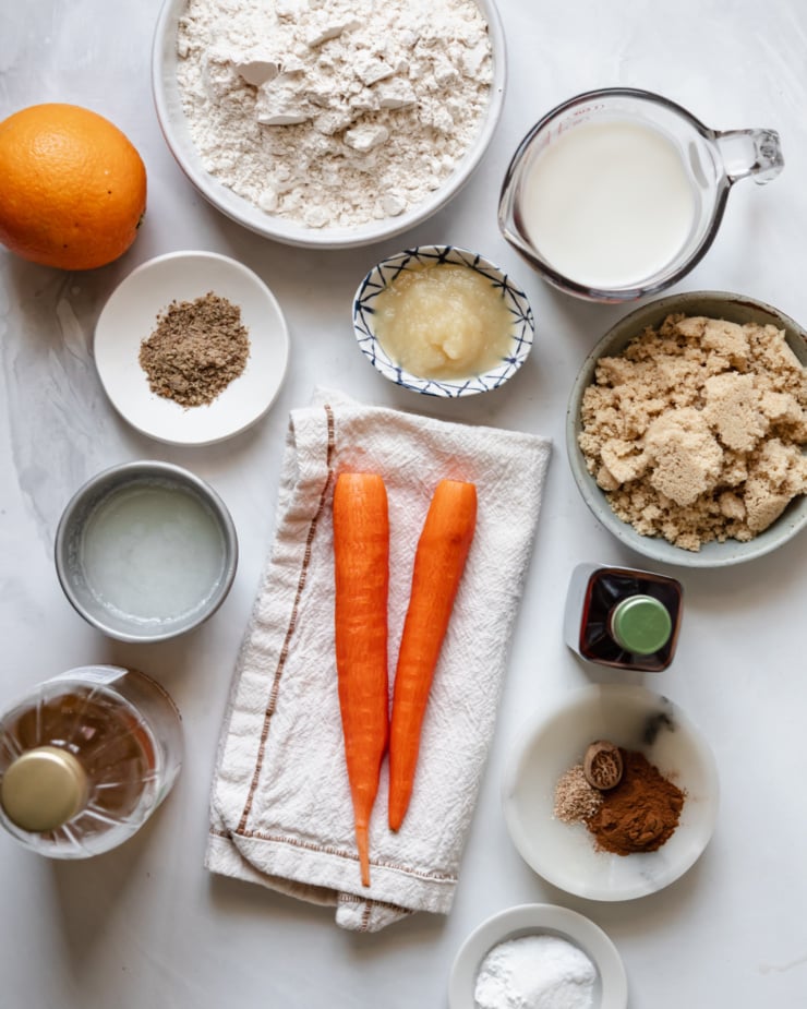 An overhead shot of ingredients used in a muffin recipe.