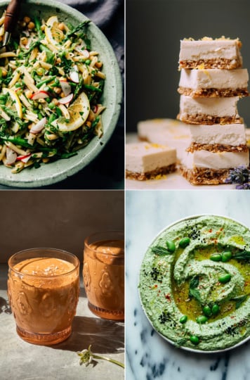 A grid of 4 images shows 4 different vegan Spring recipes: a lemony pasta salad with spring veg, a stack of lemon bars, a spiced carrot banana smoothie, and a mint jalapeño edamame bean dip.