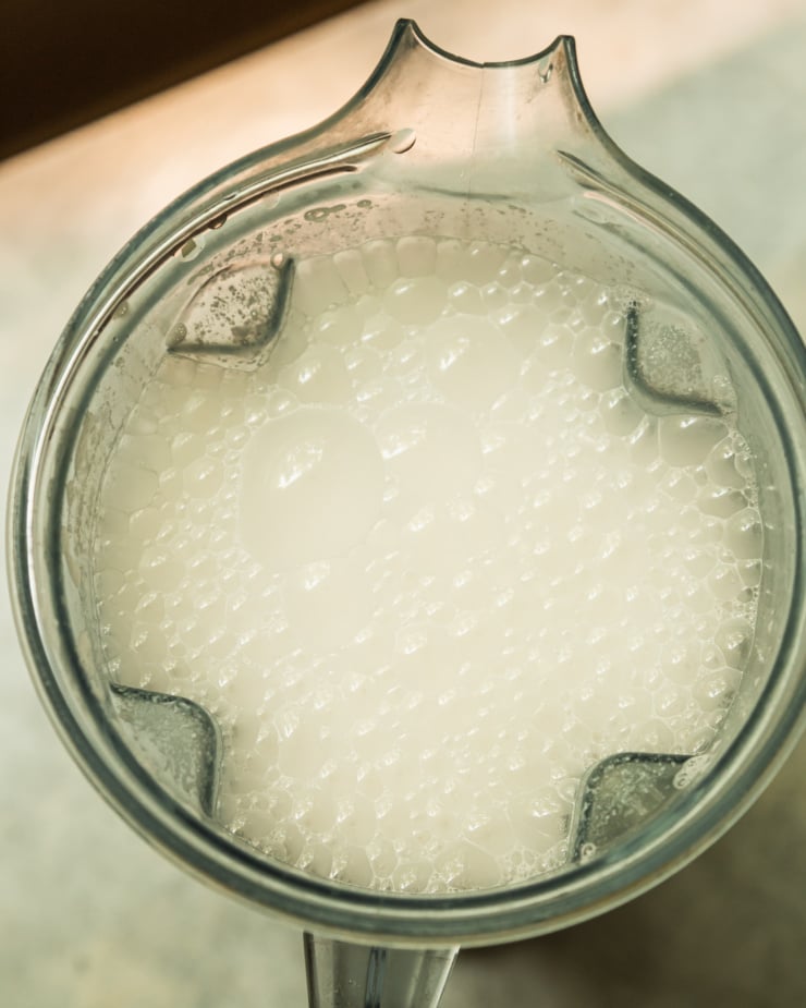 An overhead shot shows freshly blended and very bubbly nut milk in a blender pitcher.