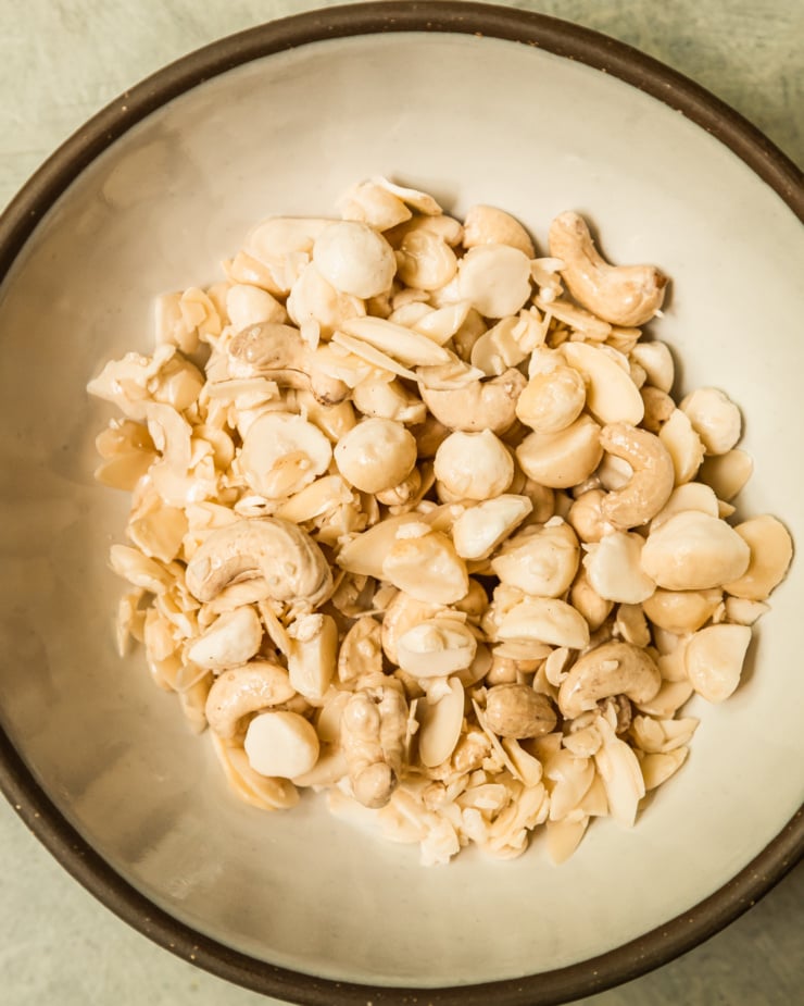 An overhead shot shows a trio of nuts that have plumped up from an overnight soaking.