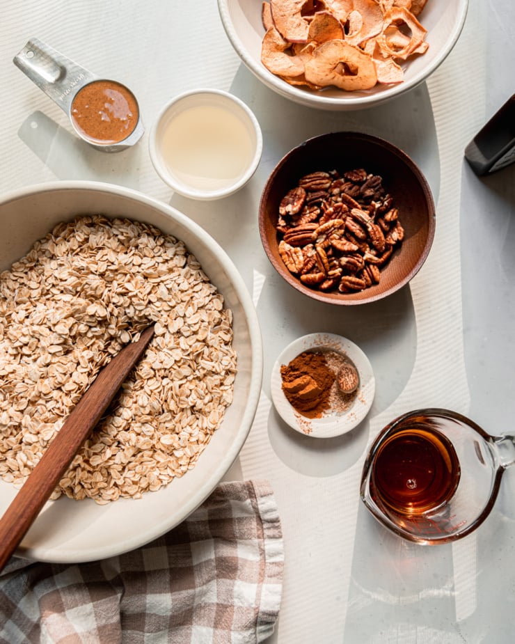 An overhead shot of ingredients used in a granola recipe.