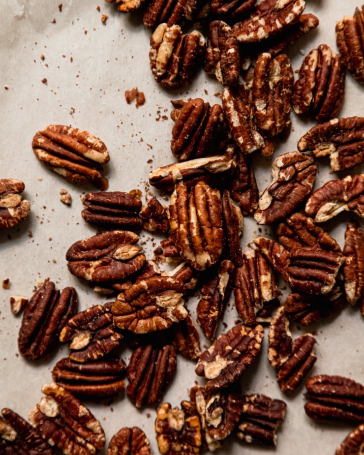 An overhead shot shows well-toasted pecan halves.
