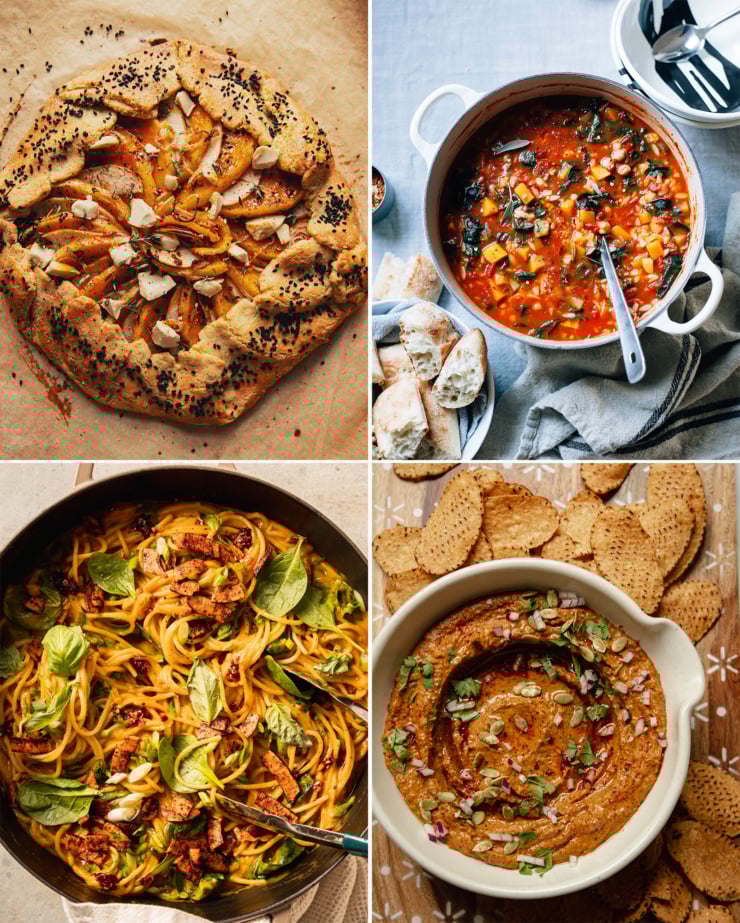 A grid of 4 photos shows 4 vegan butternut squash recipes: a butternut and apple galette, a butternut minestrone soup, a pasta dish with greens and squash-based sauce, and a dip with black beans and chipotle peppers.
