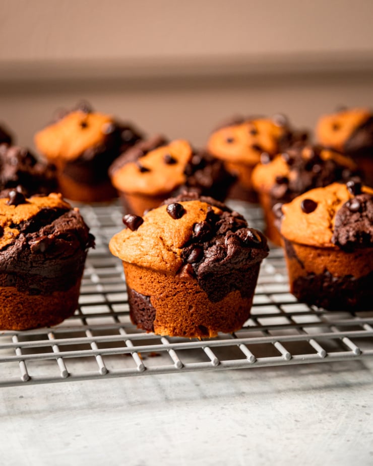 A head-on shot shows a marbled vegan pumpkin chocolate muffin with other muffins in the background. They are all on top of a cooling rack.