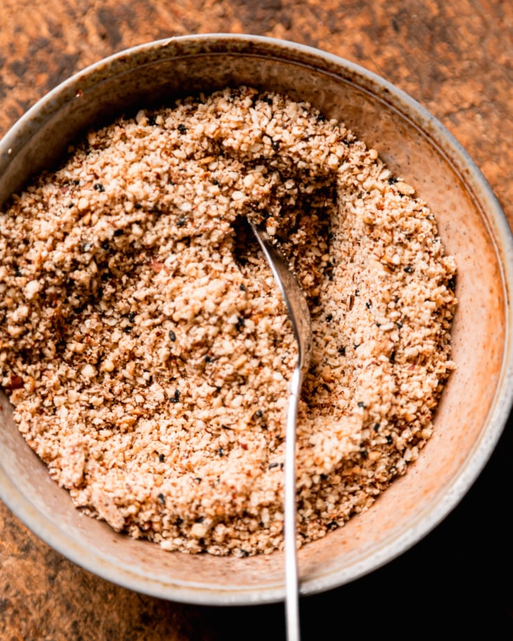 An overhead shot shows freshly ground up dukkah.