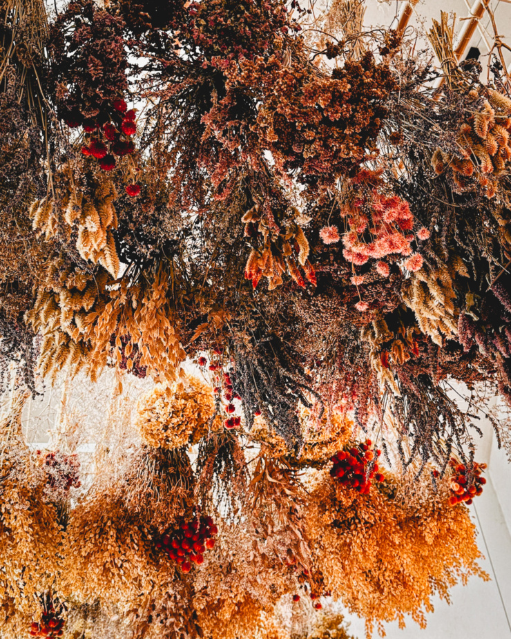 A shot looking upwards shows dried flowers hanging from the ceiling.