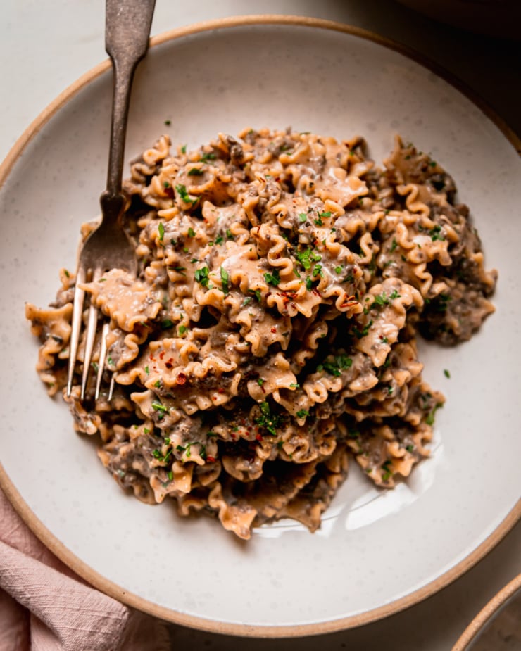 An overhead shot shows a bowl of creamy vegan pasta with a finely chopped mushroom and miso sauce. The pasta shape is like little ruffles and the whole dish is garnished with parsley.