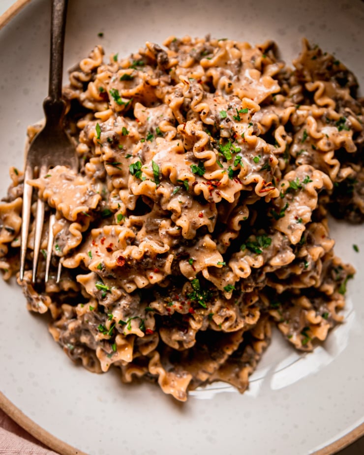 An overhead shot shows a bowl of creamy vegan pasta with a finely chopped mushroom and miso sauce. The pasta shape is like little ruffles and the whole dish is garnished with parsley.
