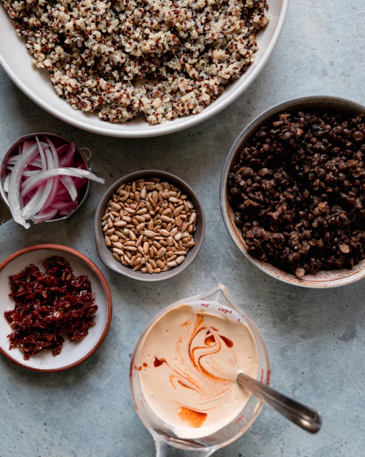 An overhead shot shows a bowl of cooked quinoa, a bowl of cooked French lentils, a measuring cup with creamy dressing, a small bowl of toasted sunflower seeds, a small bowl with minced sun dried tomatoes, and a measuring cup with pickled red onions.