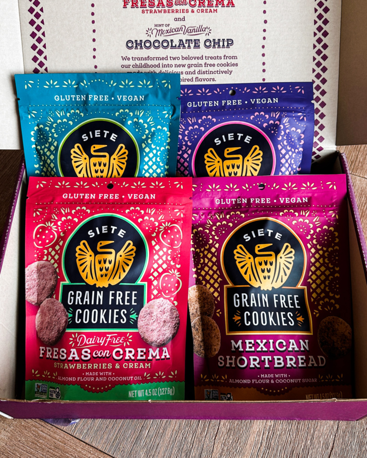 A head-on shot shows 4 packages of Siete brand vegan and gluten-free cookies. 