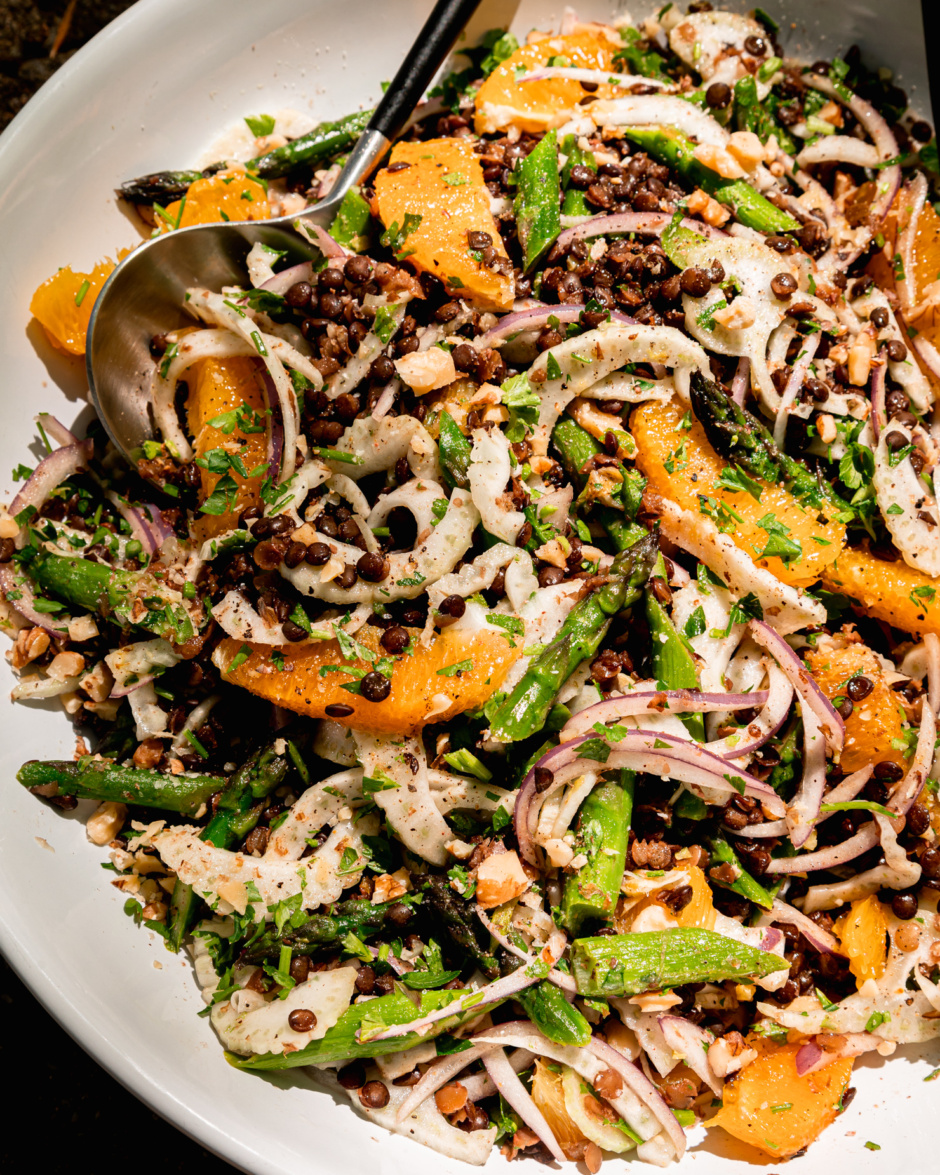An up close, overhead shot in direct sunlight shows An overhead shot shows a french lentil salad with thinly sliced fennel and red onion, sautéed asparagus, orange supremes, chopped parsley and walnuts.